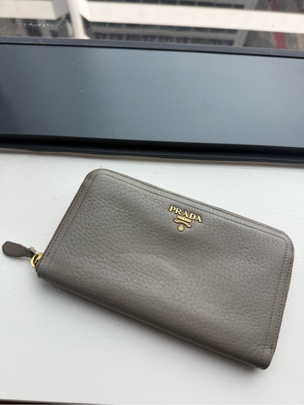 Prada Taupe Leather Zip-Around Wallet with Gold Hardware